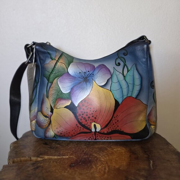 Anuschka by Anna 8310-MFL Handpainted Leather Crossbody Hobo Bag Floral NWT - Picture 7 of 16